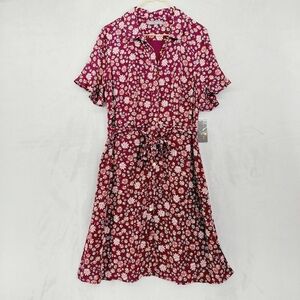 NEW Sharagano Burgundy Floral Print Summer Casual Midi Shirtdress P5120